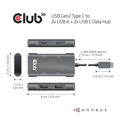 CLUB3D USB Gen2 Type C - 2x USB A + 2x USB C Data HUB