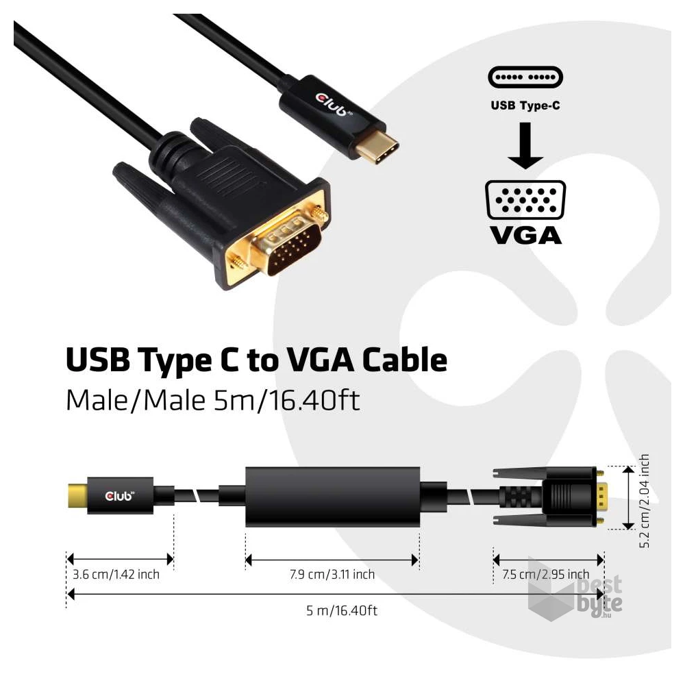 CLUB3D USB Type C - D-SUB Active 5m kábel