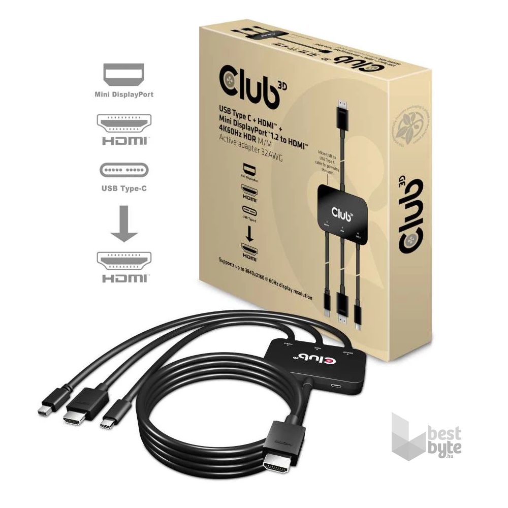 CLUB3D USB Type C + HDMI + Mini Displayport 1.2 - HDMI 4K60Hz HDR aktív adapter