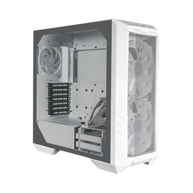 COOLER MASTER Ház Midi ATX HAF 500 ARGB + 4db Ventilátor, Tápegység nélkül, Üvegfalú, fehér