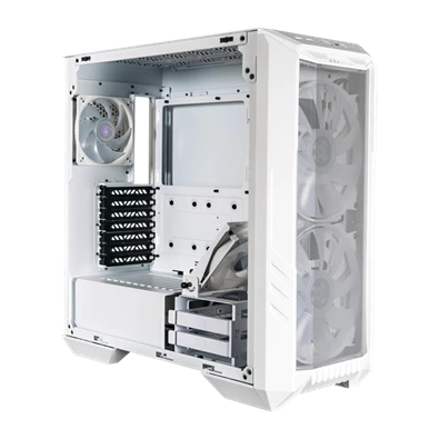 COOLER MASTER Ház Midi ATX HAF 500 ARGB + 4db Ventilátor, Tápegység nélkül, Üvegfalú, fehér