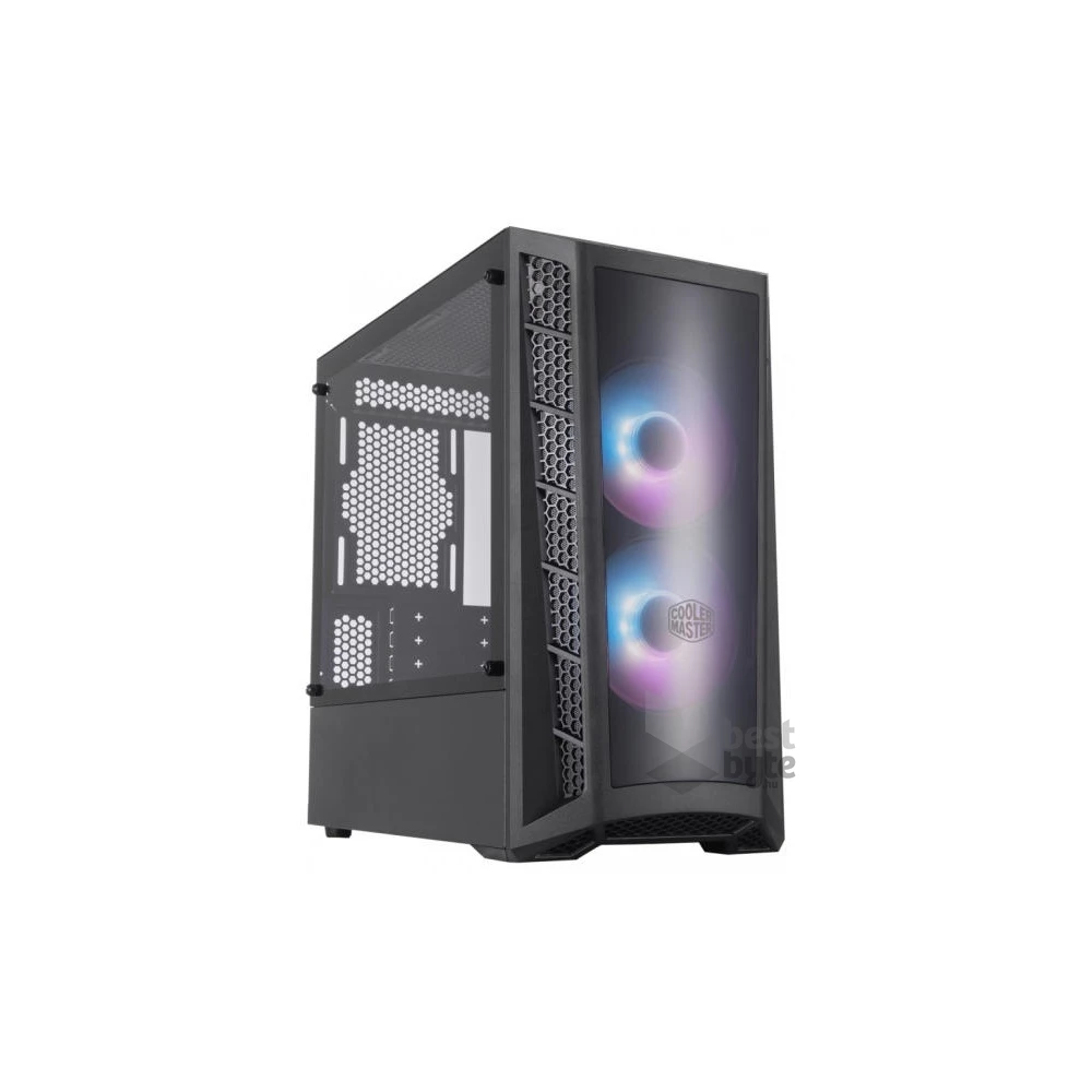 COOLER MASTER Ház Mini Tower ATX MASTERBOX MB320L ARGB + Kontroller,2db Ventilátorral,Tápegység nélkül, Üvegfalú, fekete