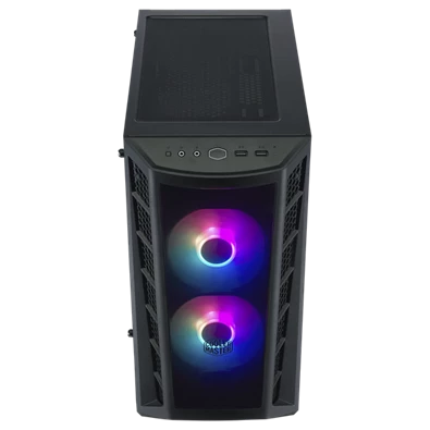 COOLER MASTER Ház Mini Tower ATX MASTERBOX MB320L ARGB + Kontroller,2db Ventilátorral,Tápegység nélkül, Üvegfalú, fekete