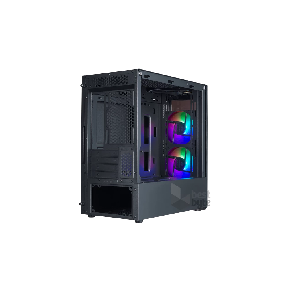 COOLER MASTER Ház Mini Tower ATX MASTERBOX MB320L ARGB + Kontroller,2db Ventilátorral,Tápegység nélkül, Üvegfalú, fekete