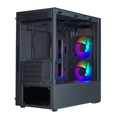 COOLER MASTER Ház Mini Tower ATX MASTERBOX MB320L ARGB + Kontroller,2db Ventilátorral,Tápegység nélkül, Üvegfalú, fekete