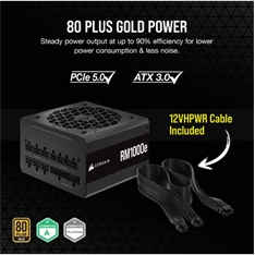 CORSAIR Tápegység Moduláris, RMe Series RM1000e, 1000W, 12cm, ATX3.0, PCIe5.0, 80+ Gold