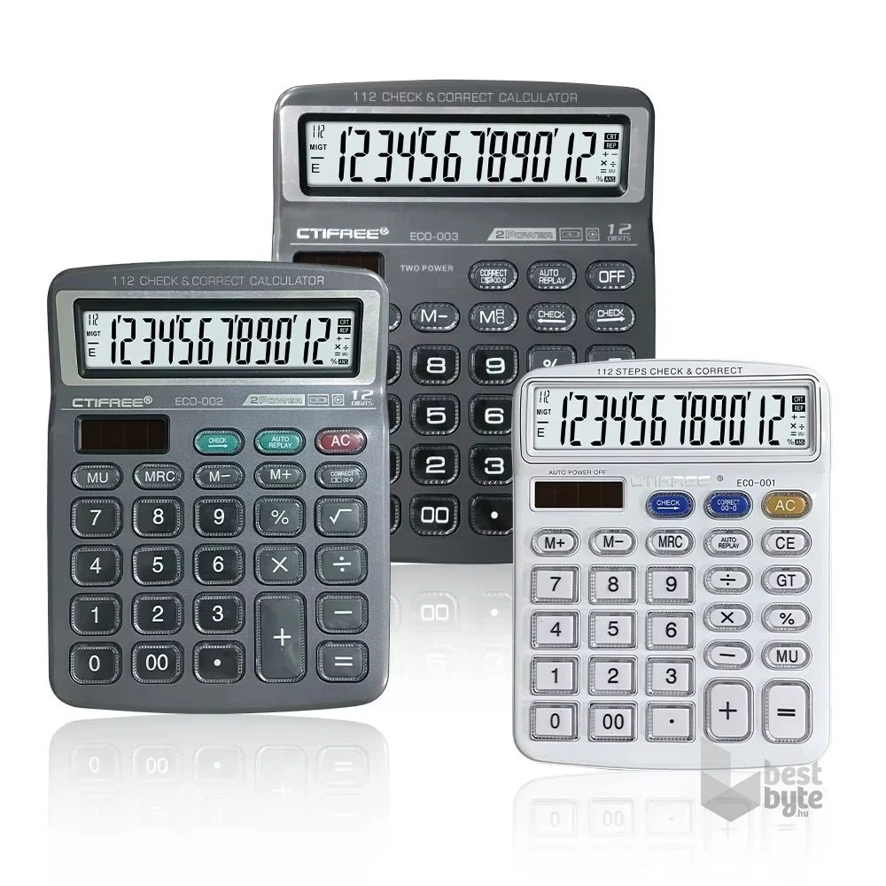 CTIFREE ECO-002 fekete számológép, 138x178mm, 12 számjegy, dual power, 2 év garancia