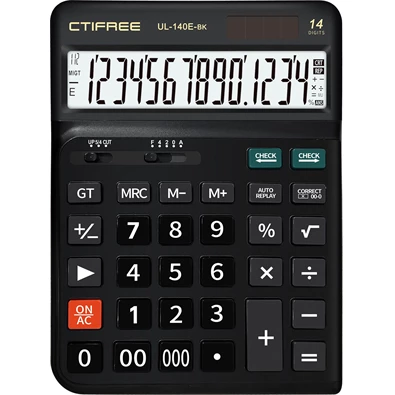 CTIFREE UL-140E-BK fekete ergonómikus számológép, 145x198mm, 14 számjegy, dual power, 2 év garancia