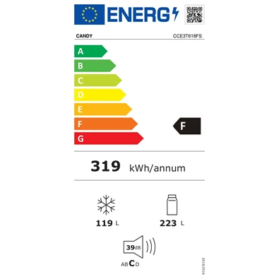 Candy CCE3T618FS ezüst, alulfagyasztós, Hűtő:223L, Fagyasztó:119L, No frost hűtőszekrény