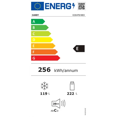 Candy CCE4T618EX inox, alulfagyasztós, Hűtő:222L, Fagyasztó:119L, No frost hűtőszekrény