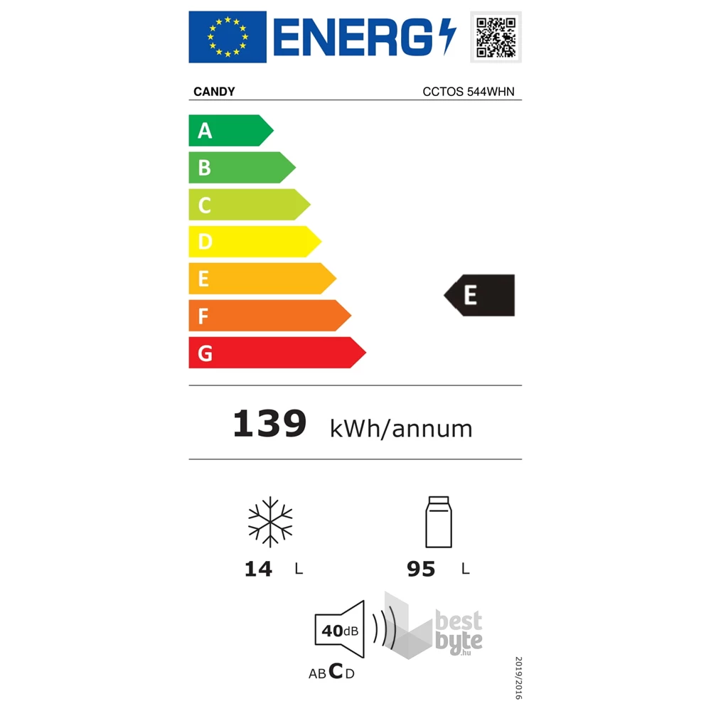 Candy CCTOS 544WHN fehér, egyajtós, Hűtő:95L, Fagyasztó:14L, hűtőszekrény