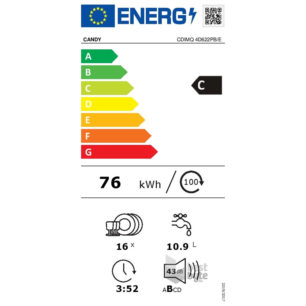 Candy CDIMQ 4D622PB/E fehér, programok száma: 9, beépíthető, 16 terítékes mosogatógép 