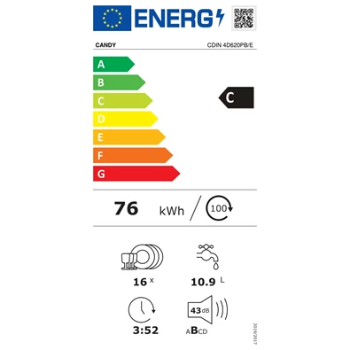Candy CDIN 4D620PB/E szürke, programok száma: 9, beépíthető, 16 terítékes mosogatógép 