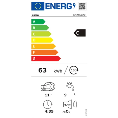 Candy CF1C7SB1FX inox, programok száma: 8, keskeny szabadonálló, 11 terítékes mosogatógép 