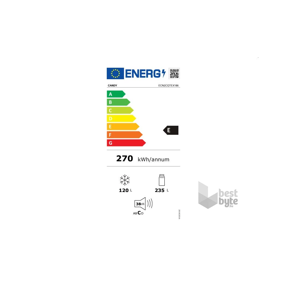 Candy ECN2CQTEX186 inox, alulfagyasztós, Hűtő:235L, Fagyasztó:120L, No frost hűtőszekrény