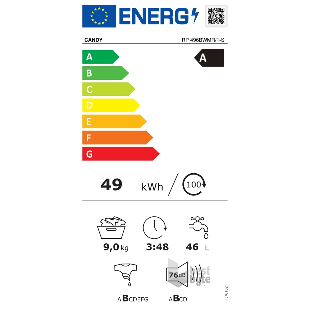Candy RP 496BWMR/1-S fehér, elöltöltős, max.1400ford., 9 kg, mosógép