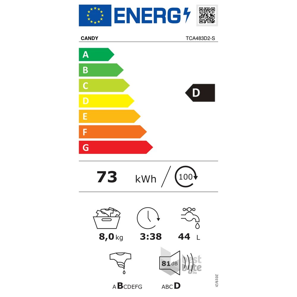 Candy TCA483D2-S fehér, felültöltős, max.1400ford., 8 kg, mosógép