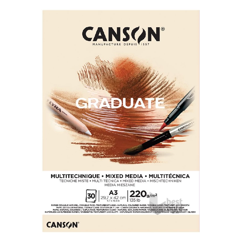 Canson Graduate Mixed Media A3, álló, 220 g/m2, ragasztott, natúr színű rajzpapírtömb