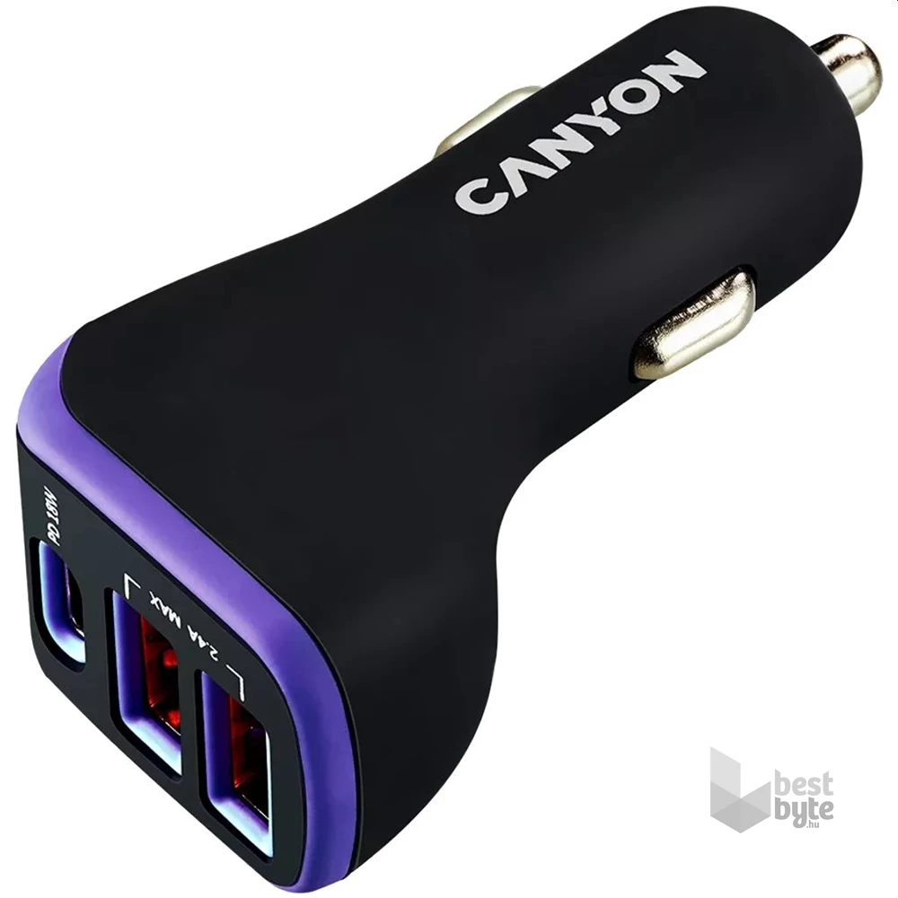 Canyon CNE-CCA08PU PD 18W USB-C/2xUSB-A fekete/lila autós töltő