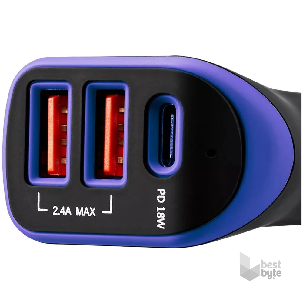 Canyon CNE-CCA08PU PD 18W USB-C/2xUSB-A fekete/lila autós töltő
