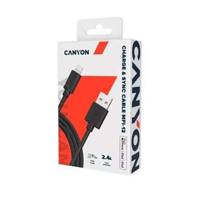 Canyon MFI-12 Charge&Sync Lightning -> USB 2.0 A M/M adatkábel 2m fekete