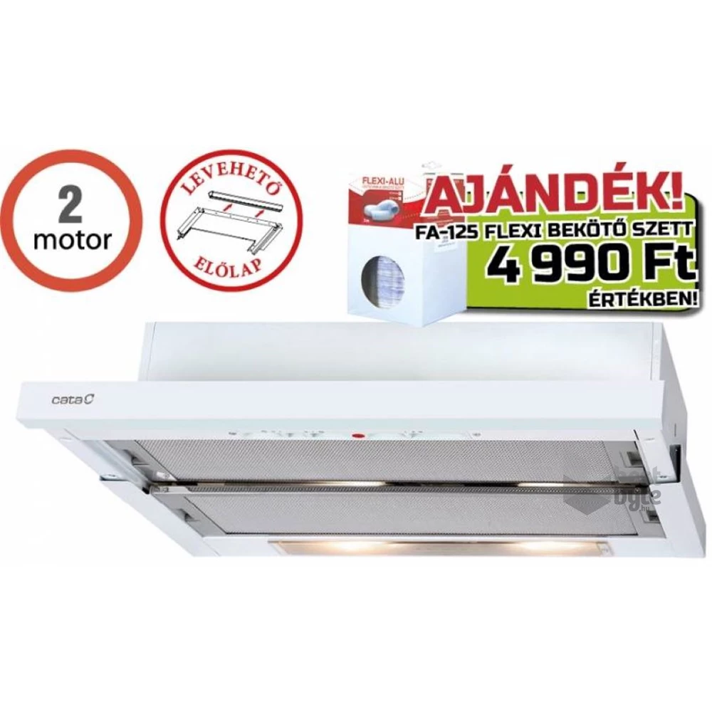 Cata TF-5260 WH/L fehér, beépíthető, kihúzható, méret:60 cm, teleszkópos, zajszint:65 dB, páraelszívó+FA125/3bekötőszett
