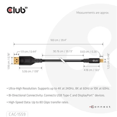 Club 3D CAC-1559 1m fekete USB-C - DisplayPort 2.1 kábel