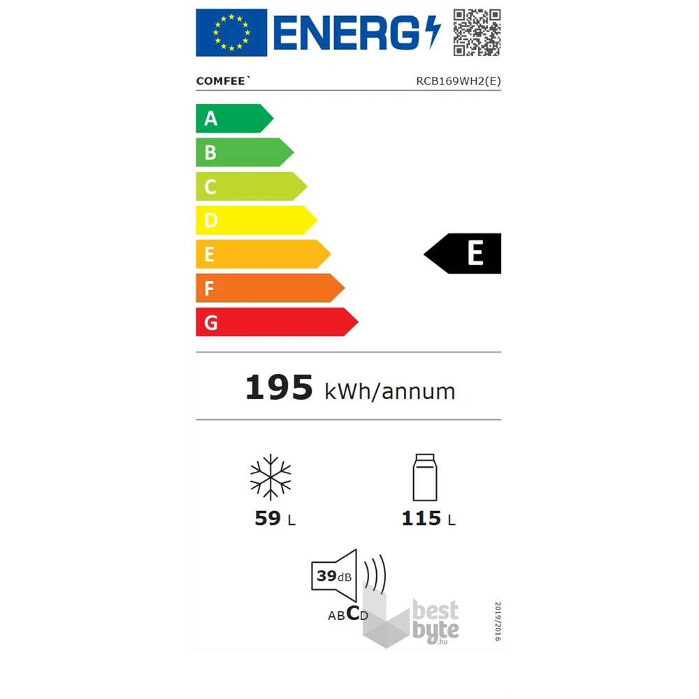 Comfee RCB169WH2(E) alulfagyasztós, Fehér, Hűtő:115L, Fagyasztó:59L, hűtőszekrény