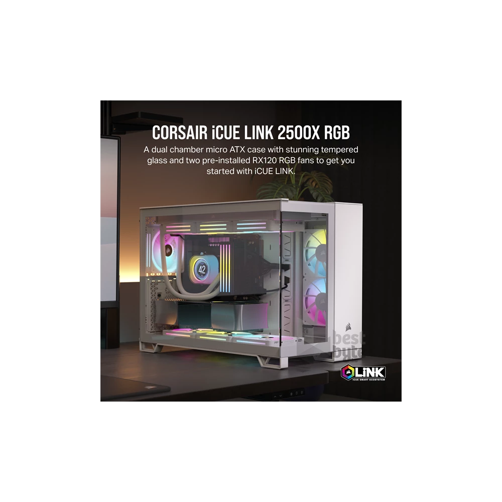 Corsair iCUE LINK 2500X RGB Dual Chamber fehér (táp nélküli) ablakos mATX ház