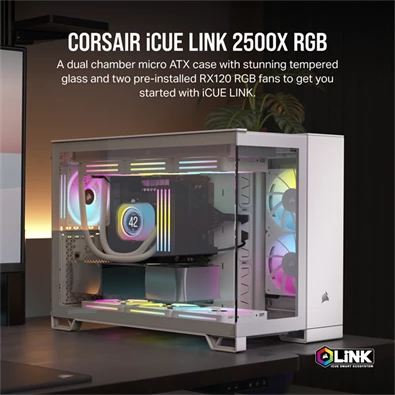 Corsair iCUE LINK 2500X RGB Dual Chamber fehér (táp nélküli) ablakos mATX ház