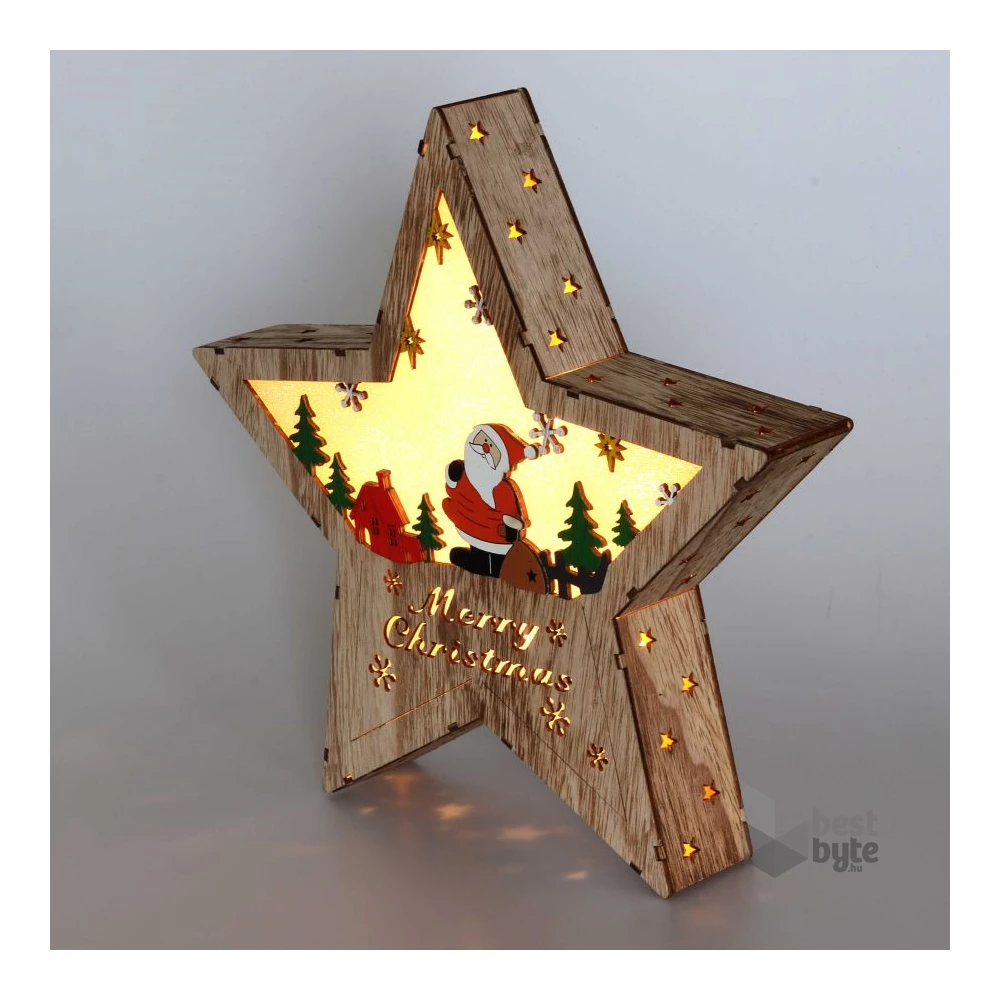 Csillag alakú Télapó mintás/30x30cm/meleg fehér LED-es fa fénydekoráció