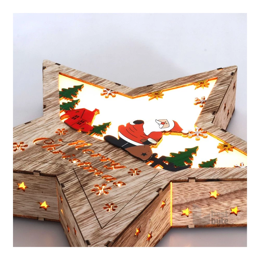 Csillag alakú Télapó mintás/30x30cm/meleg fehér LED-es fa fénydekoráció