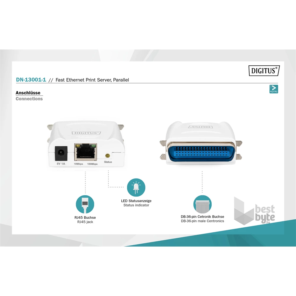 DIGITUS DN-13001-1 Fast Ethernet párhuzamos nyomtatószerver