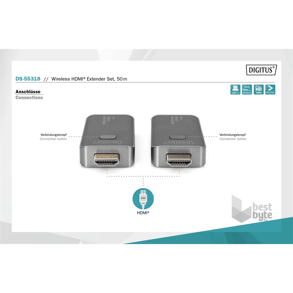 DIGITUS DS-55318 vezeték nélküli HDMI extender szett 50m (adó és vevőegység)