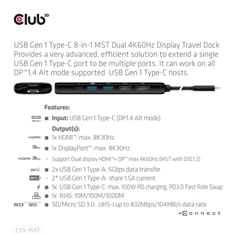 DOC Club3D USB Gen 1 Type-C 8-in-1 MST Dual 4K60Hz Display Travel Dock - Dokkoló