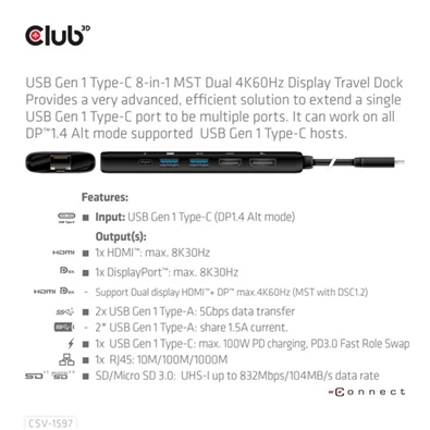 DOC Club3D USB Gen 1 Type-C 8-in-1 MST Dual 4K60Hz Display Travel Dock - Dokkoló