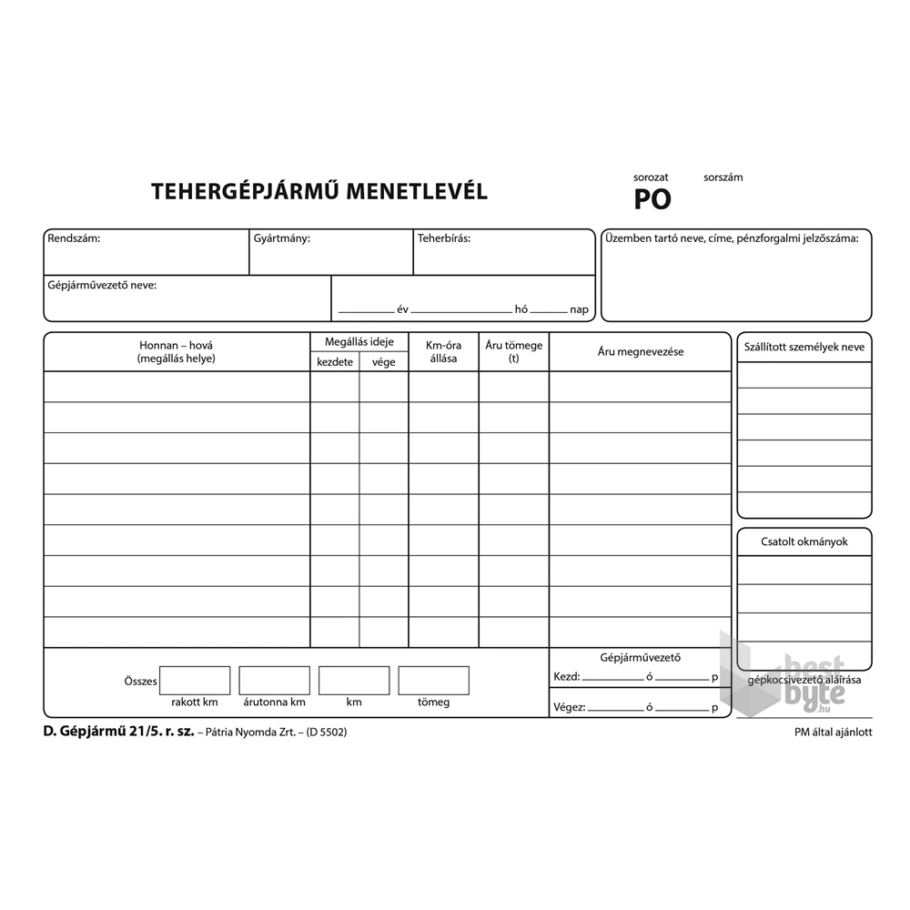 D.GEPJ.21/5 A5 100lapos fekvő "Tehergépjármű menetlevél" nyomtatvány