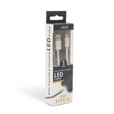 Delight LED fénnyel USB Type-C 1m fehér adatkábel