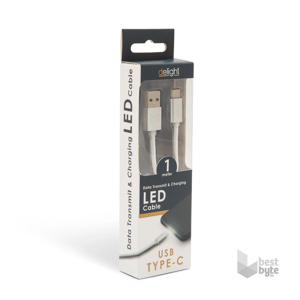 Delight LED fénnyel USB Type-C 1m fehér adatkábel