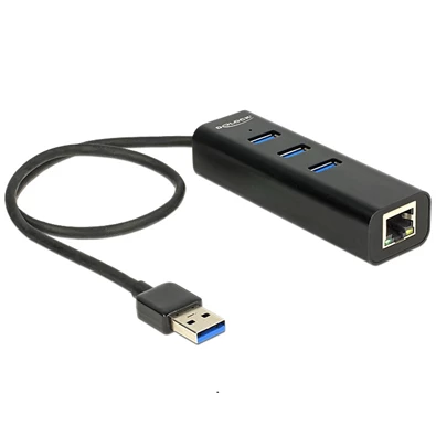 Delock 62653 USB 3.0-s elosztó 3 porttal + 1 Gigabit LAN-port 10/100/1000 Mb/s