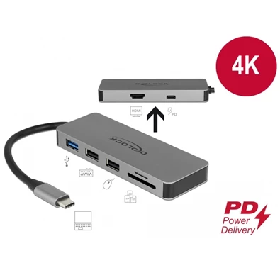 Delock 87743 USB Type-C 4K - HDMI / Hub / SD / PD 2.0 mobil eszközökhöz dokkoló állomás