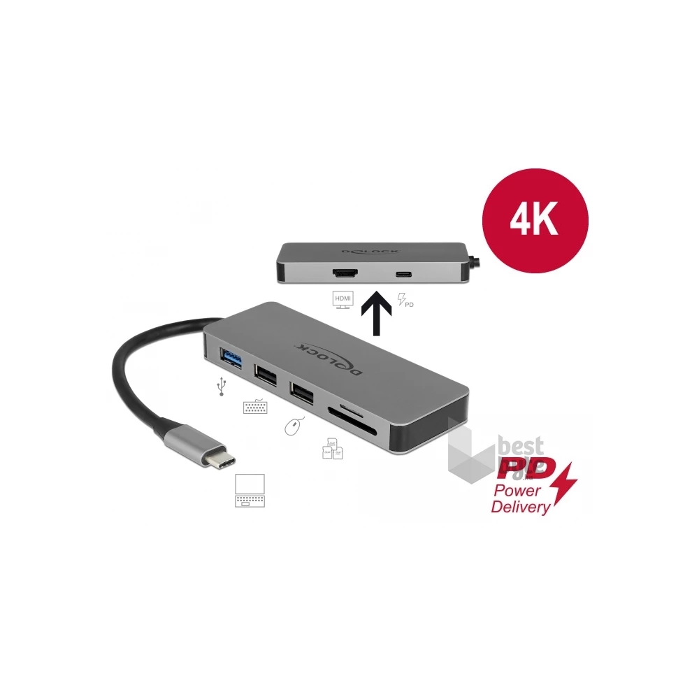 Delock 87743 USB Type-C 4K - HDMI / Hub / SD / PD 2.0 mobil eszközökhöz dokkoló állomás