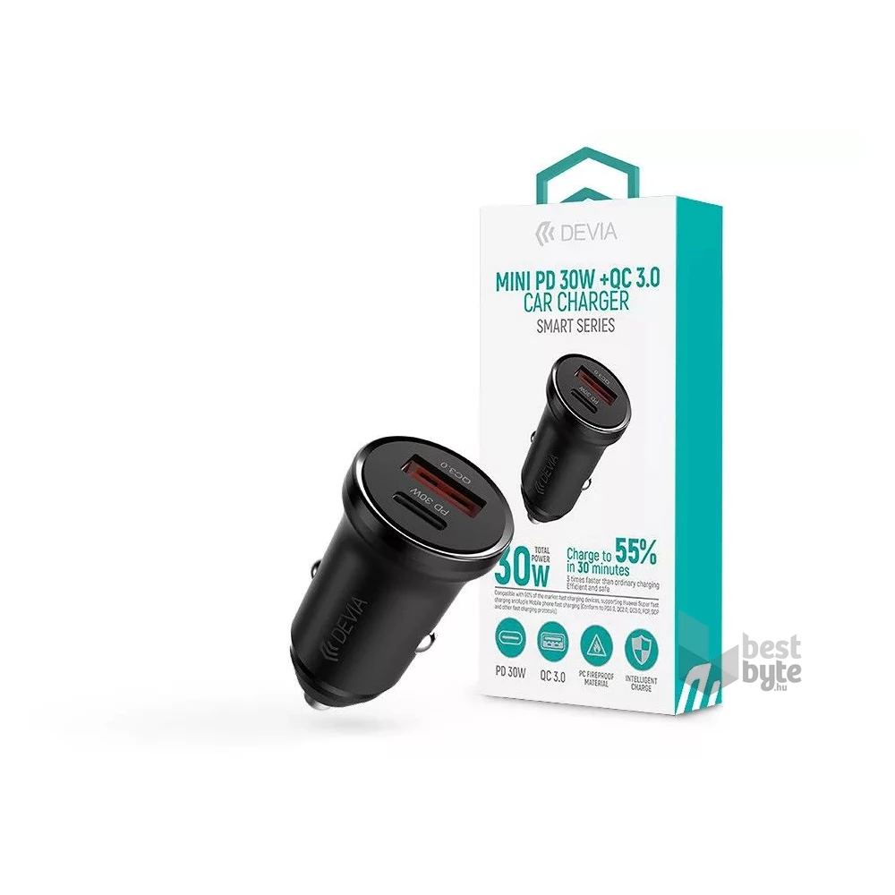 Devia ST112421 Smart Series Mini 30W PD+QC USB+Type-C fekete autós töltő adapter