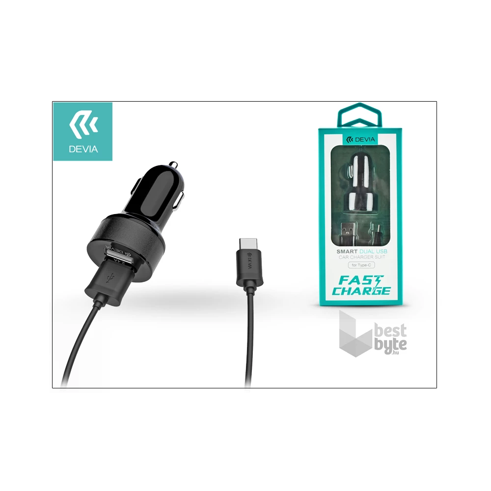 Devia ST301193 Smart 2,4A univerzális 2x USB fekete autós töltő + Type-C kábel
