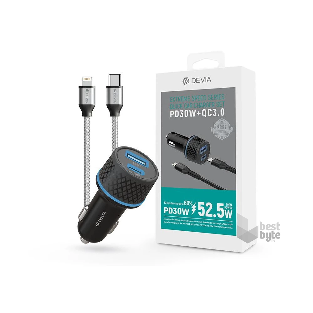Devia ST354670 30W USB + Type-C szivargyújtó töltő +Lightning-Type-C kábel