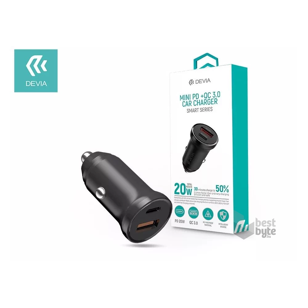 Devia ST359408 Smart Mini 20W USB/Type-C fekete szivargyújtó töltő