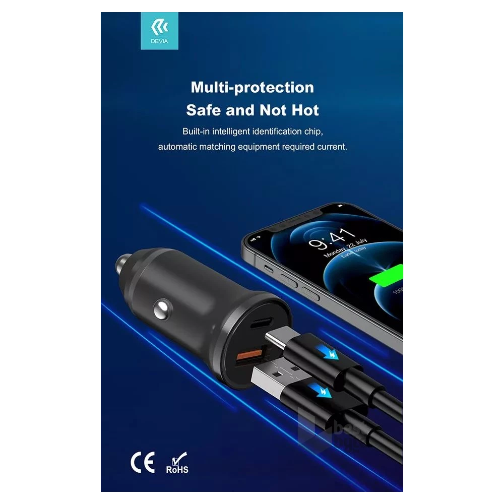 Devia ST359408 Smart Mini 20W USB/Type-C fekete szivargyújtó töltő