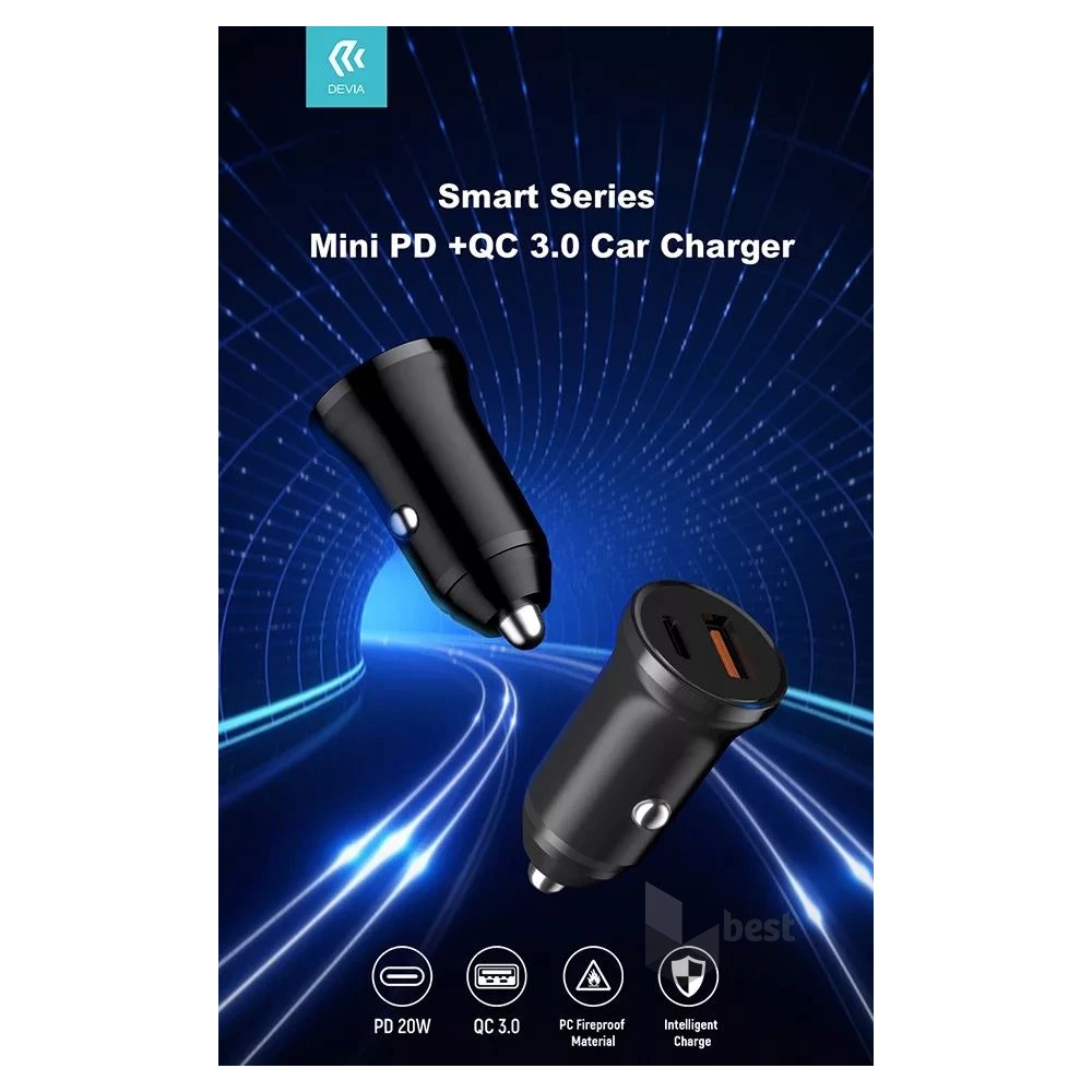 Devia ST359408 Smart Mini 20W USB/Type-C fekete szivargyújtó töltő