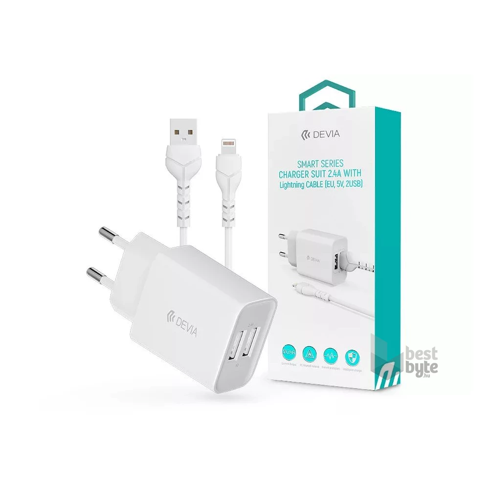 Devia ST361395 5V/2.4A Smart 2xUSB Hálózati töltő adapter + 1 m Lightning kábel