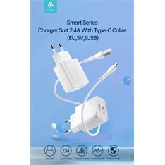 Devia ST364037 2xUSB 2,1A fehér hálózati töltő adapter + USB - Type-C 1m kábel